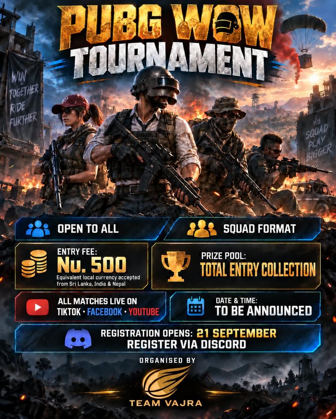 PUBG WOW Tournament announcement: open squad event, Nu. 500 entry fee, prize pool from total entry collection, registration opens 21 September via Discord