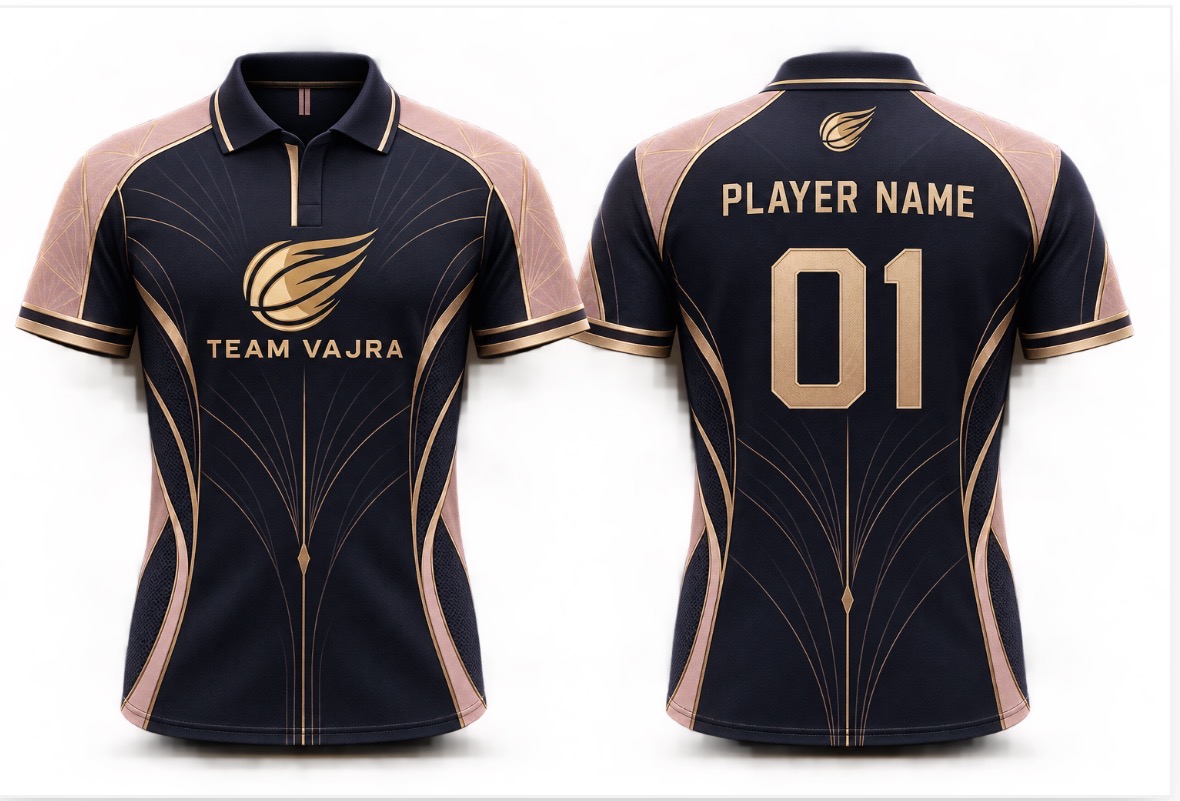 Front and back view of the new Team Vajra jersey in midnight black and rose gold